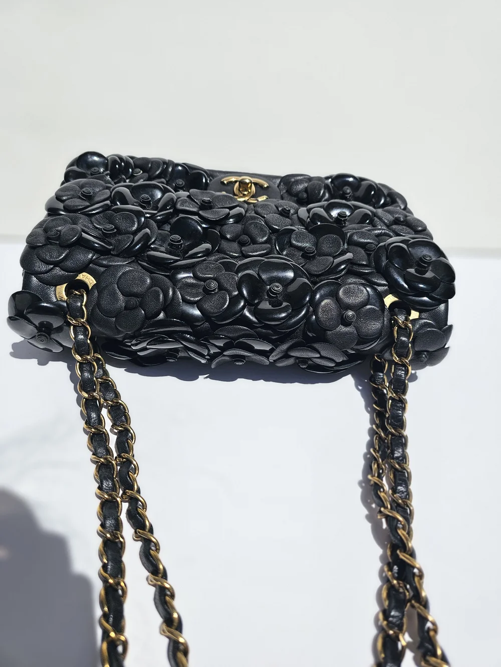 Auth Chanel black leather 3d camellia medium flap bag htf